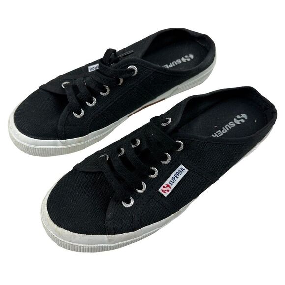 SUPERGA Black Canvas Slip On Mules Slide Sneakers Womens 7.5 Mens 6 Lace Up 2402 - Picture 1 of 12